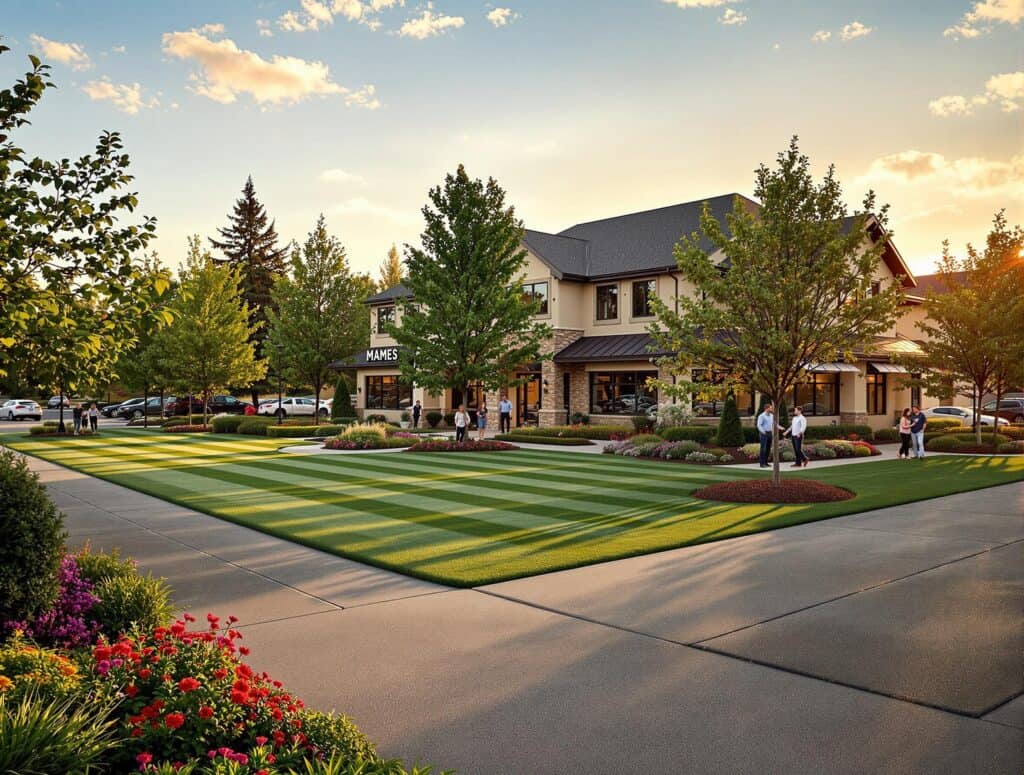 A landscaped business storefront features a well-manicured lawn with striped grass, surrounded by trees, colorful flowers, and a paved walkway, with people casually walking and parked cars in the background under a bright, partly cloudy sky.